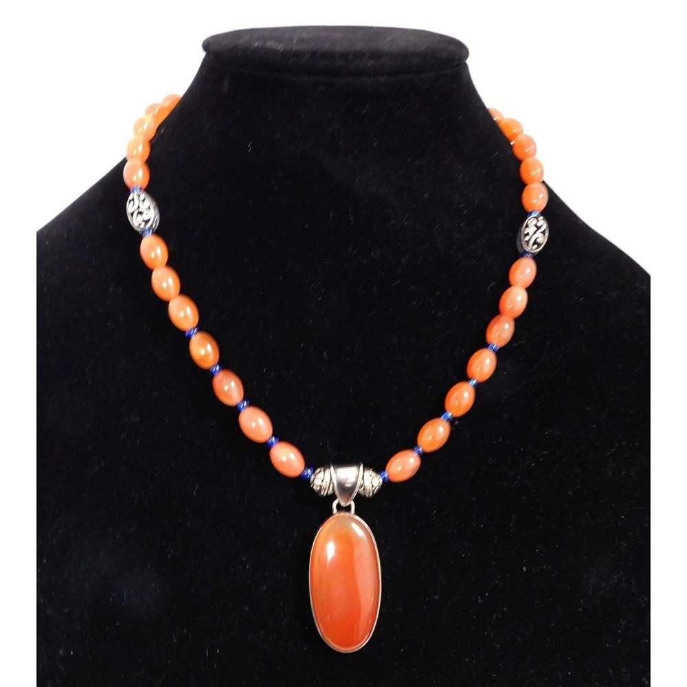 Mexican .925 Silver‎ Carnelian and Blue glass Beaded Necklace 31inch 118 grams